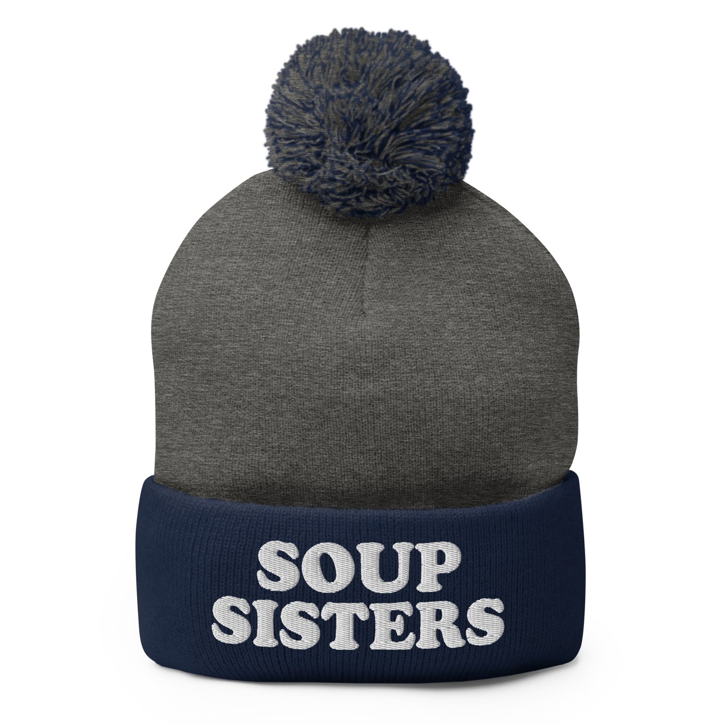Navy and gray Soup Sisters Beanie - Are you a soup enthusiast? Looking for the perfect gift for a group of soup loving sisters? Our Soup Sisters Pom Pom Beanie is warm, comfortable and made just for you. It's a funny beanie for soup lovers, sisters and foodies of all kinds.