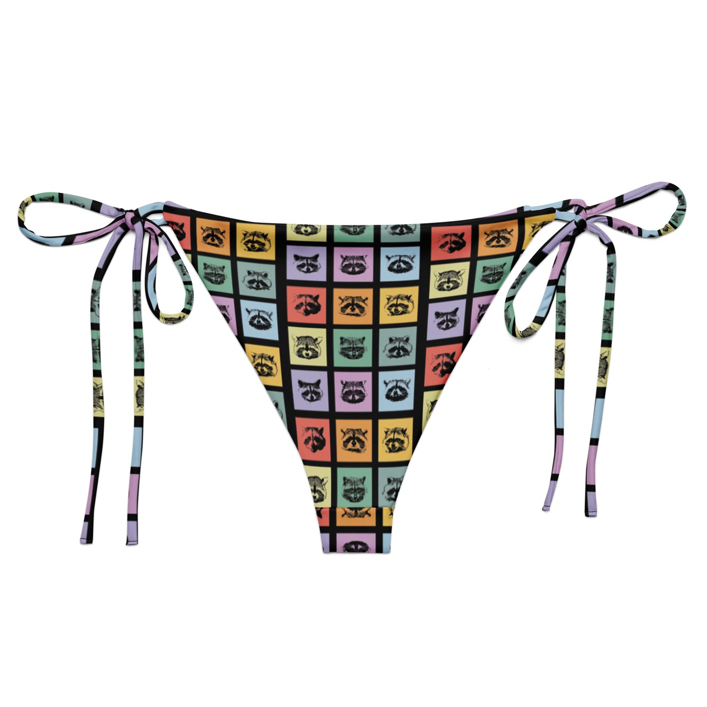 Love raccoons? Looking for your new favorite eco friendly bikini? Sit back and relax by the poolside wearing this classic string bikini with a colorful raccoon design. Our raccoon bikini is made of soft and stretchy recycled polyester with UPF 50+. Perfect for the beach, the pool and everything in between, or a funny gift for a raccoon enthusiast!