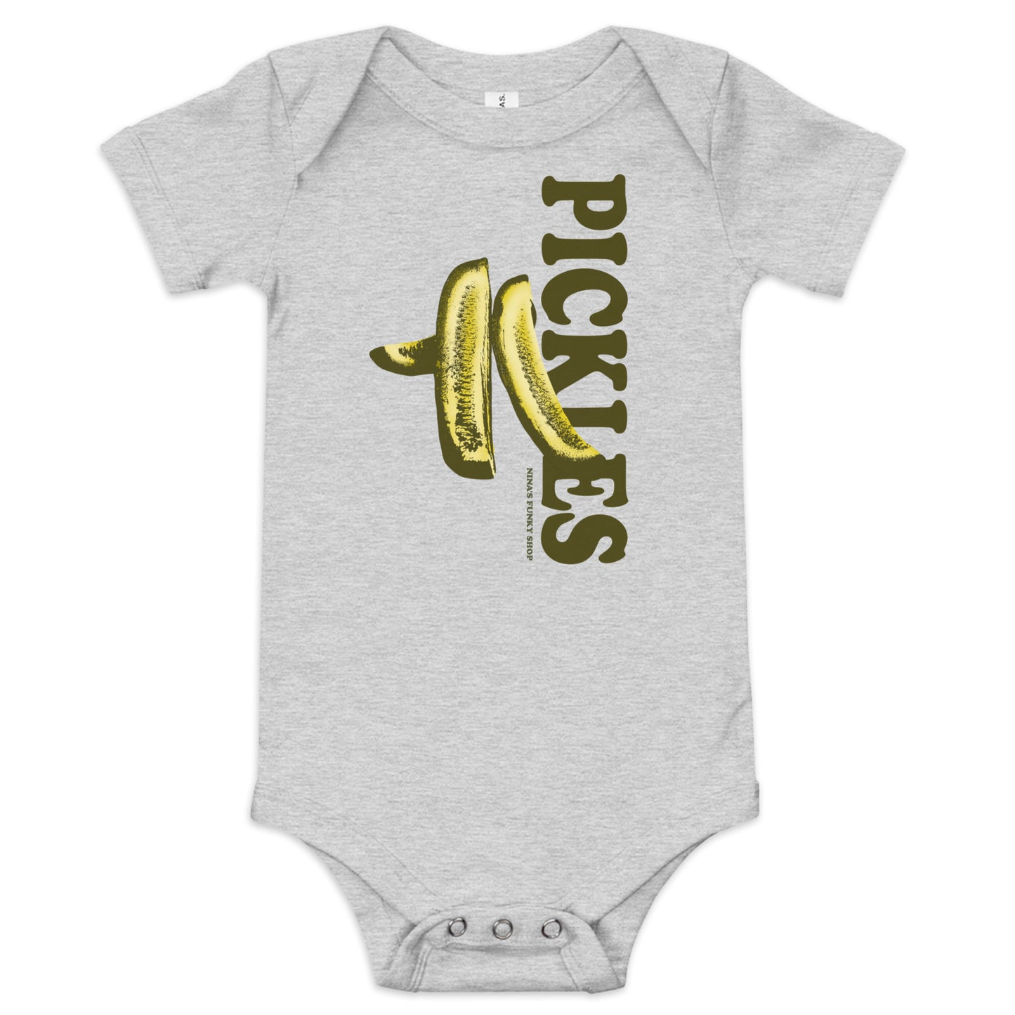 Gray Pickles Baby Onesie - A cute pickles onesie for your favorite future pickle lover. Dress your baby in our 100% cotton pickles one piece. It has three snap leg closure for easy changing, a comfortable envelope neckline, and a unique pickles design, expertly printed on the front. Designed by Nina and made just for you!