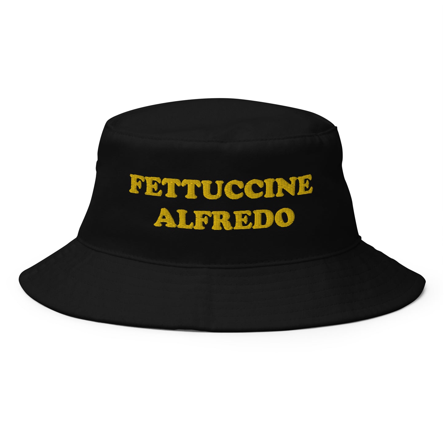 Black Fettuccine Alfredo Bucket Hat - Love fettuccine? Looking for a funny hat for a pasta enthusiast? This Fettuccine Alfredo Bucket Hat is just what you need! It's comfortable and comes in a variety of colors with a funny foodie design, expertly embroidered across the front. The perfect weird hat for foodies of all kinds. Celebrate your favorite foods in our funky foodie clothing and accessories.