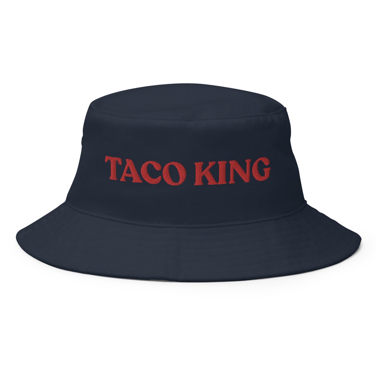 Navy and Red Taco King Bucket Hat - Our Taco King Bucket Hat is comfortable and made of 100% cotton. It's a funny food hat that's sure to turn heads and have people asking you where to get the best tacos. Eat your favorite foods in this taco hat or give it as a gift for a taco lover. Celebrate your favorite foods in our funky foodie clothing and accessories.