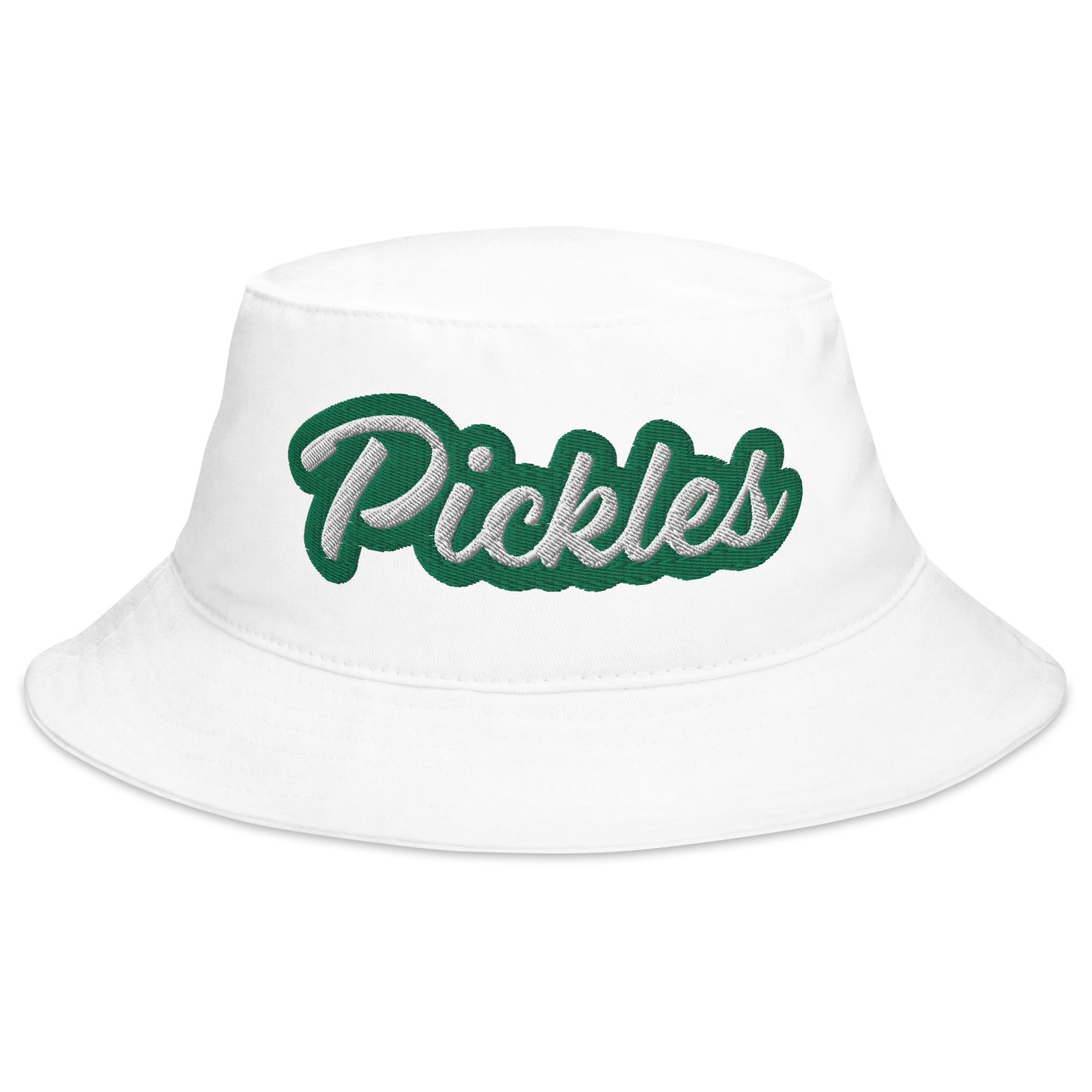 White bucket hat with green embroidery - A pickle bucket hat for everyday. Make a statement and eat your favorite pickles in style in this funny foodie pickles bucket hat. It's unique, funny and embroidered just for you and the pickle lovers in your life. This pickle lover hat is a mix of weird and trendy foodie style that's only available at Nina's Funky Shop.
