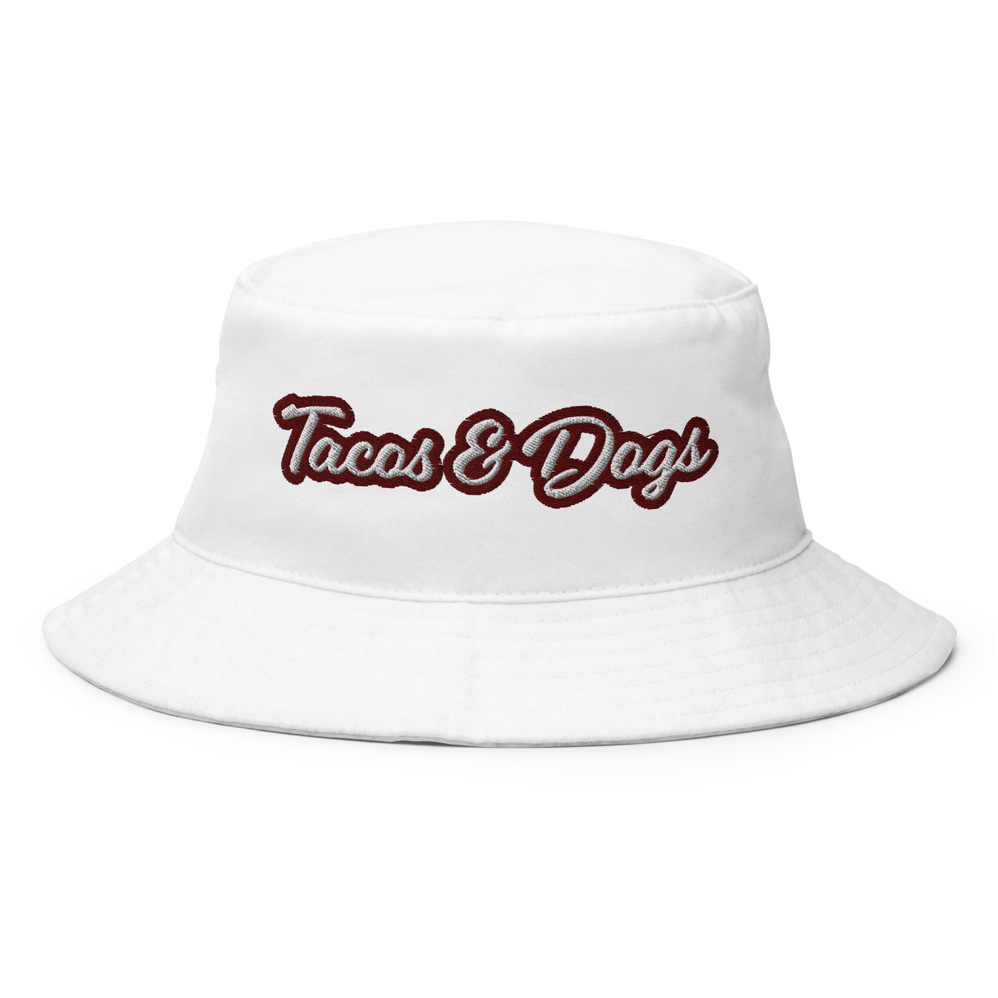 White Tacos and Dogs Bucket Hat - Love tacos? Big dog person? This funny bucket Hat is just what you need! Our Tacos & Dogs Bucket Hat is comfortable and comes in a variety of colors with a funny food design, expertly embroidered across the front. The perfect funny hat for dog lovers, taco enthusiasts and foodies of all kinds. Celebrate your favorite foods in our funky foodie clothing and accessories.