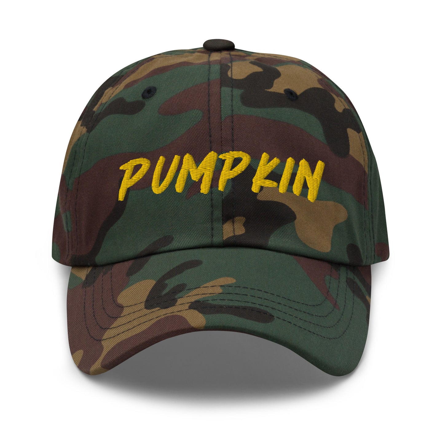 Camo pumpkin dad hat from Nina's Funky Shop by ninanush - This pumpkin dad hat is not just for dads! It's a unisex dad hat, embroidered with the word "pumpkin" on the front. A classic dad hat for spooky season enthusiasts and pumpkin lovers of all kinds. Add a little personality to your everyday style with our unique pumpkin hat, designed by Nina and made just for you.