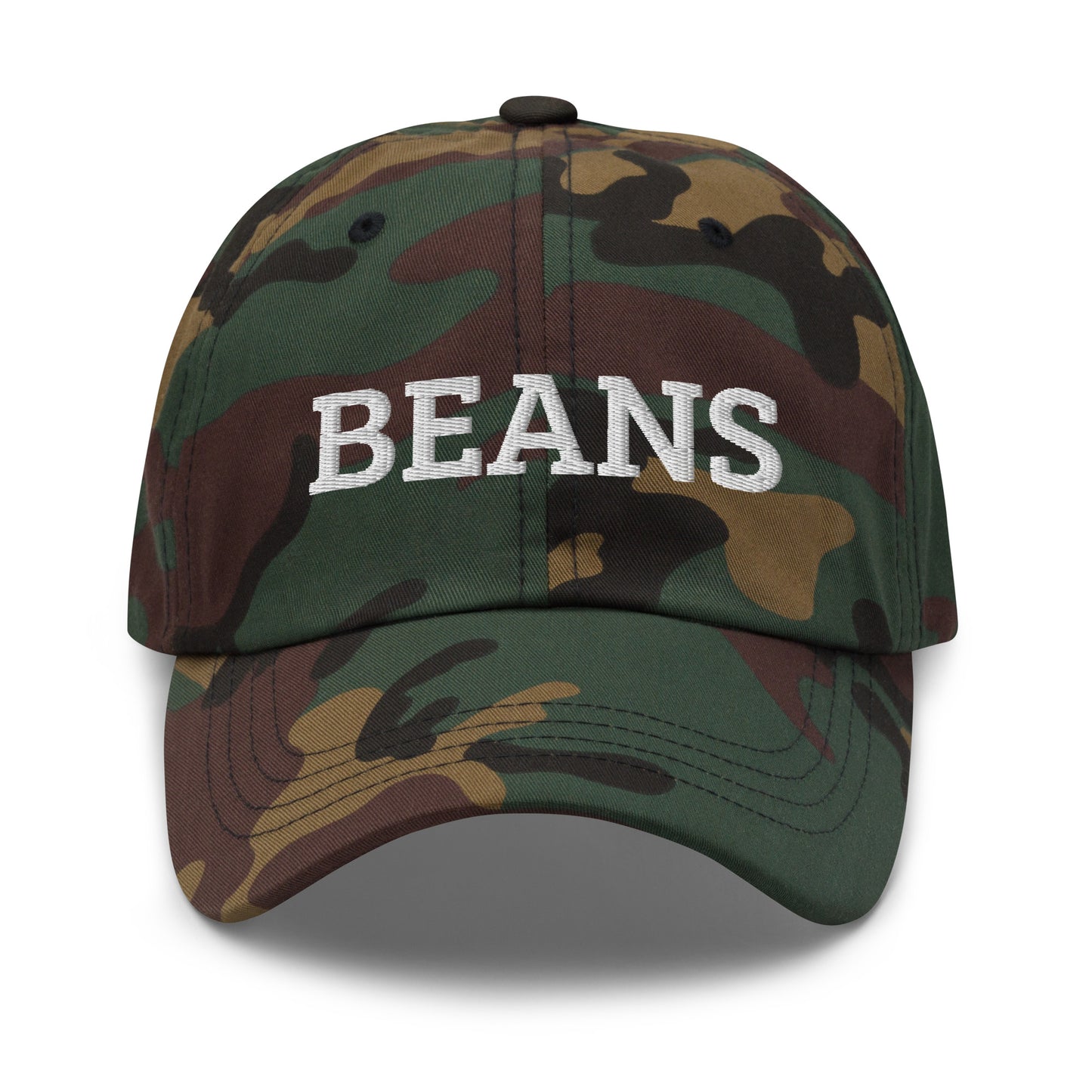 Camo Beans Dad Hat from Nina's Funky Shop by ninanush - Love beans? Looking for a funny foodie gift? This dad hat is not just for dads! Our Beans Hat is the best funny foodie hat and just what you need. This classic unisex dad hat has a low profile, adjustable strap, and a curved visor. Eat your favorite beans and add a little personality to your everyday funky style.