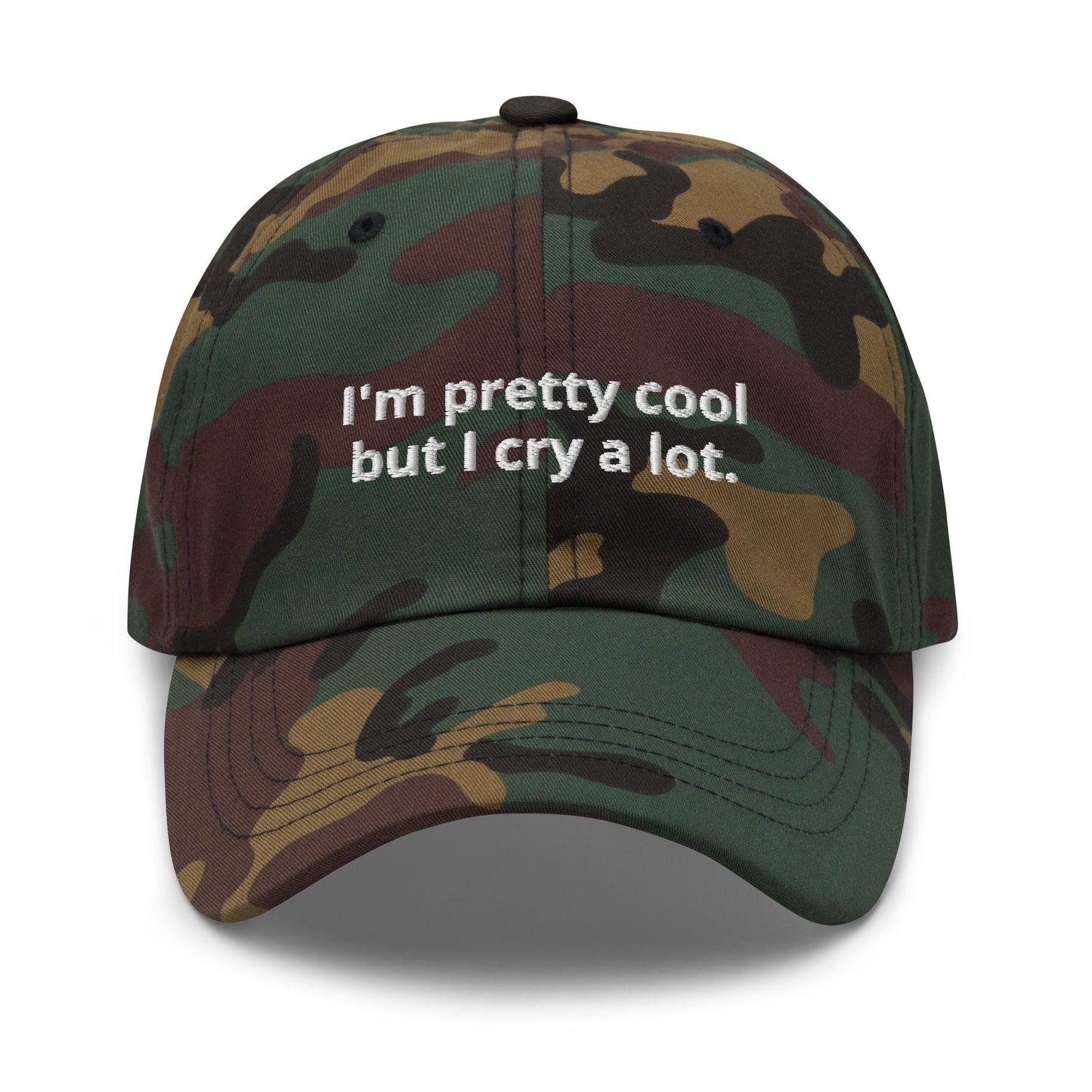 I'm pretty cool but I cry a lot camo dad hat - Looking for a funny dad hat? A sarcastic gift for a sensitive friend? This dad hat is not just for dads! Our I'm Pretty Cool But I Cry A Lot Hat is comfortable, comes in a variety of colors and is perfect for everyday streetwear. It's a classic cotton dad hat with a funny saying, expertly embroidered on the front.