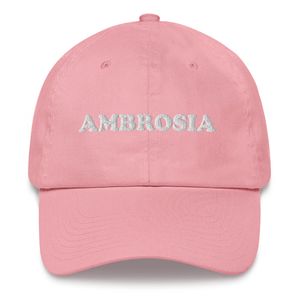 Random and unique pink dad hat - Show your love of ambrosia in this random ambrosia dad hat. It's a weird dad hat for foodies and ambrosia enthusiasts. The embroidered, unique dad hat is comfortable and made just for you. Celebrate your favorite foods and make a statement and wear this dad hat everyday or give it as a funny gift for foodies.