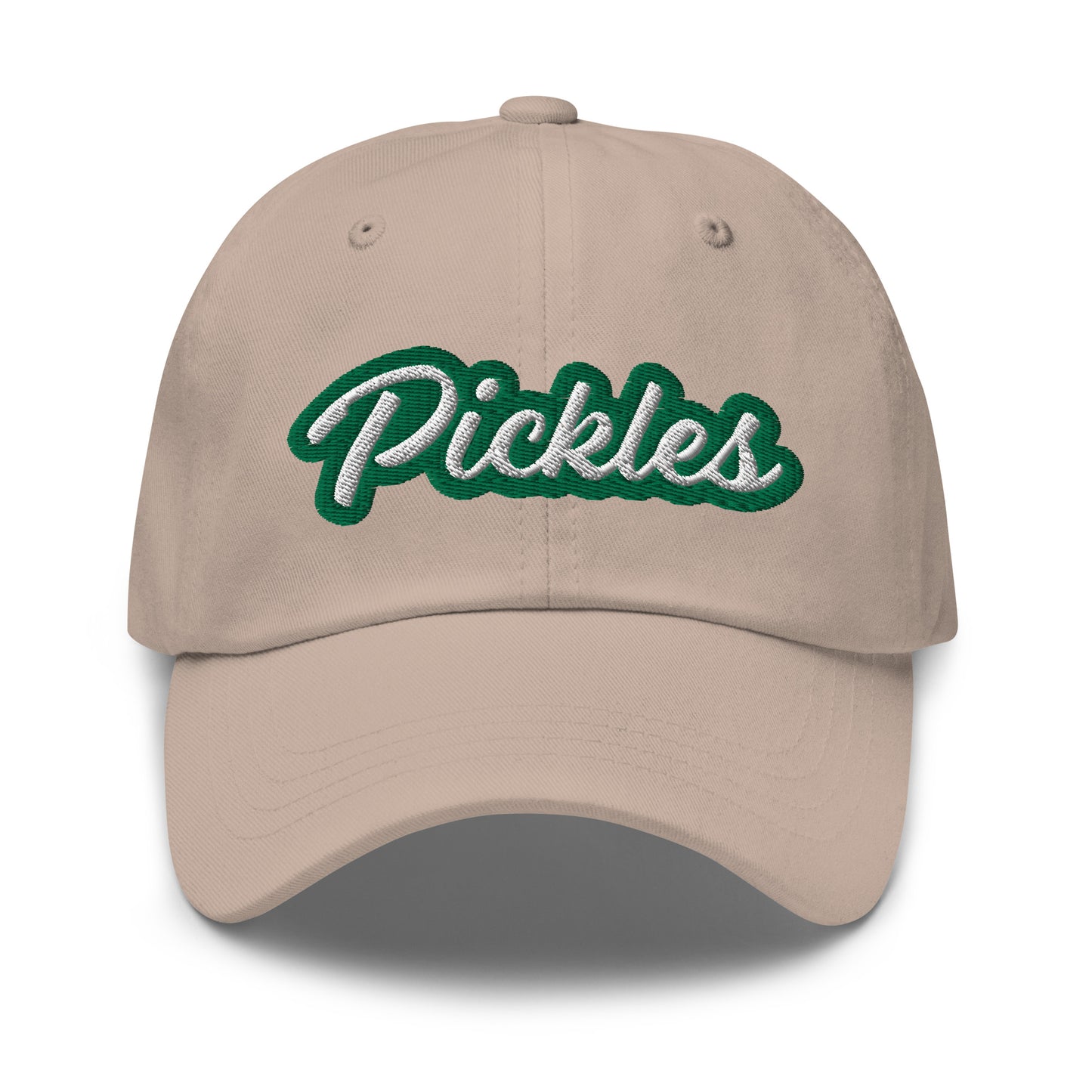 Tan Pickles Hat - Love pickles? Looking for a funny gift for a pickle friend? This pickles hat is made of comfortable cotton with an adjustable closure and the word "pickles", expertly embroidered on the front in green and white. Make a statement and eat your favorite pickles in this funny foodie accessory.