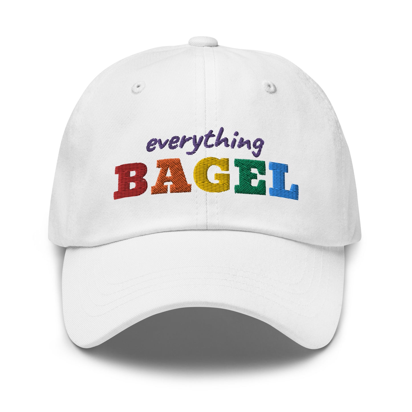 White Dad Hat with Pride Design - Our Everything Bagel Pride Dad Hat is comfortable and made of 100% cotton. It's a classic dad hat with a funny rainbow design for pride. Perfect for everyday streetwear, this unique pride hat is sure to turn heads. Looking for something personalized? Shoot us an email!