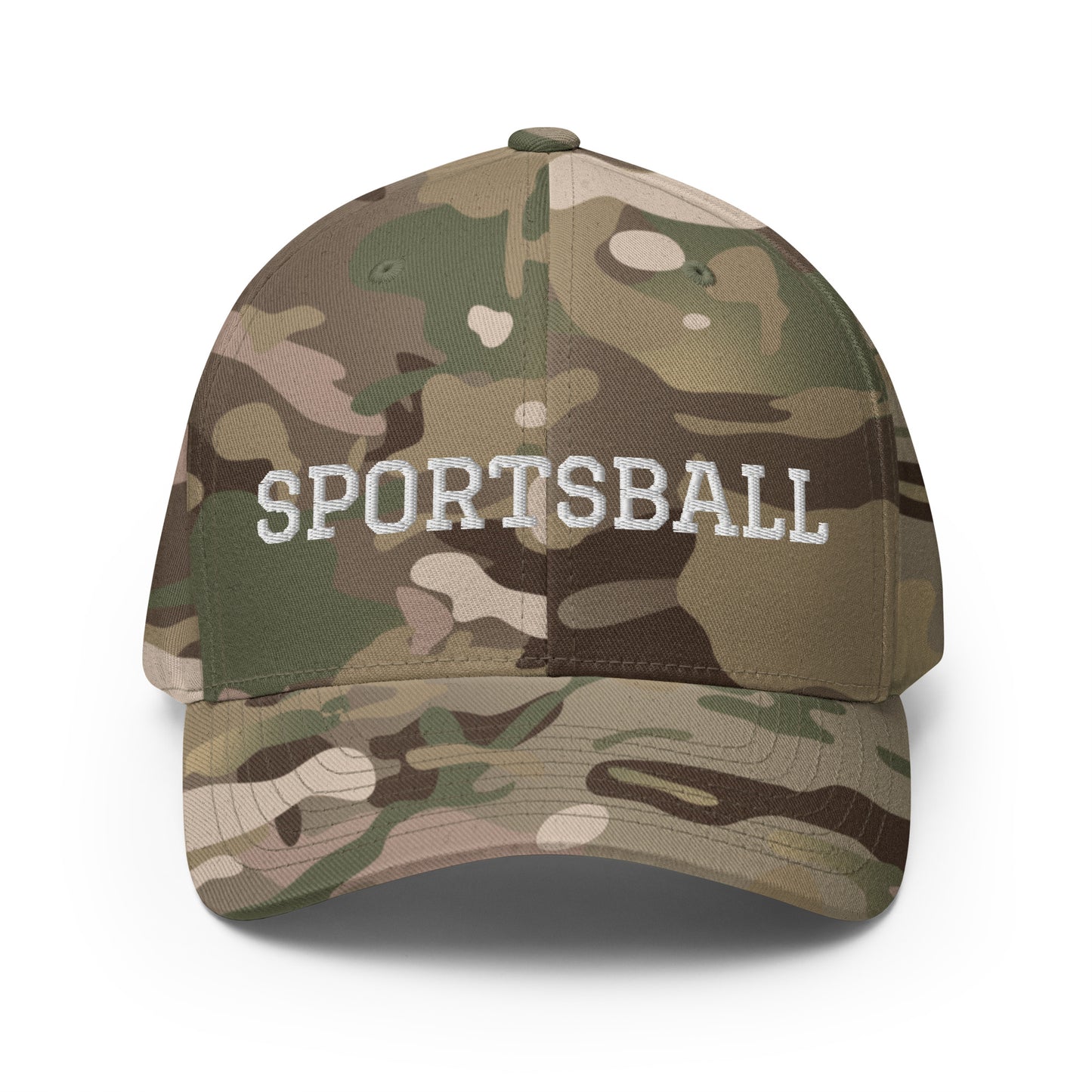 Camo - This Sportsball Hat is funny, sarcastic and perfect for all your game day activities. Available in two sizes with an elastic stretch band, this hat is comfortable, comes in a variety of colors and is made just for you. It has an athletic shape with a curved visor and a sarcastic sports fan design, expertly embroidered on the front.