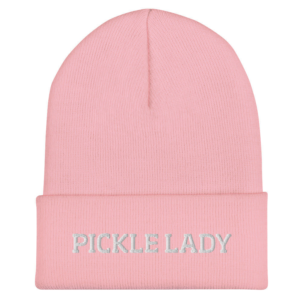 Pink pickle lady beanie from Nina's Funky Shop by ninanush - This pickle lady hat is warm, cozy and the perfect pickle enthusiast hat for pickle lovers of all kinds. Show off in this funny foodie beanie. It comes in a variety of bold colors, each expertly embroidered with the words "Pickle Lady". It's a statement hat for pickle lovers, designed by Nina and made just for you!