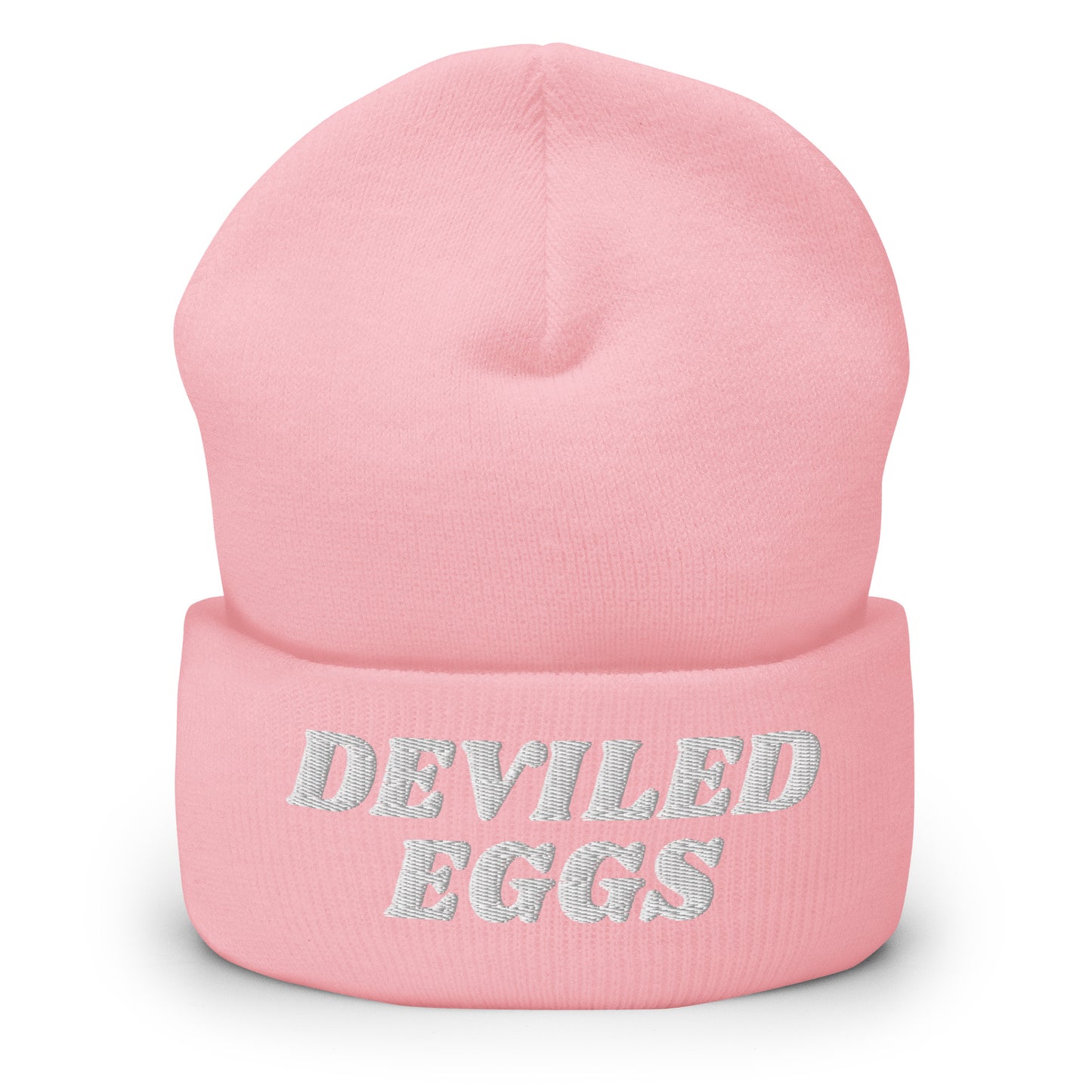 Pink Deviled Eggs Beanie - Our Deviled Eggs Beanie is warm, cozy and embroidered just for you! It's a funny beanie for deviled egg enthusiasts that comes in a variety of colors and embroidered just for you. A funny beanie for everyday streetwear or a gift for a foodie.