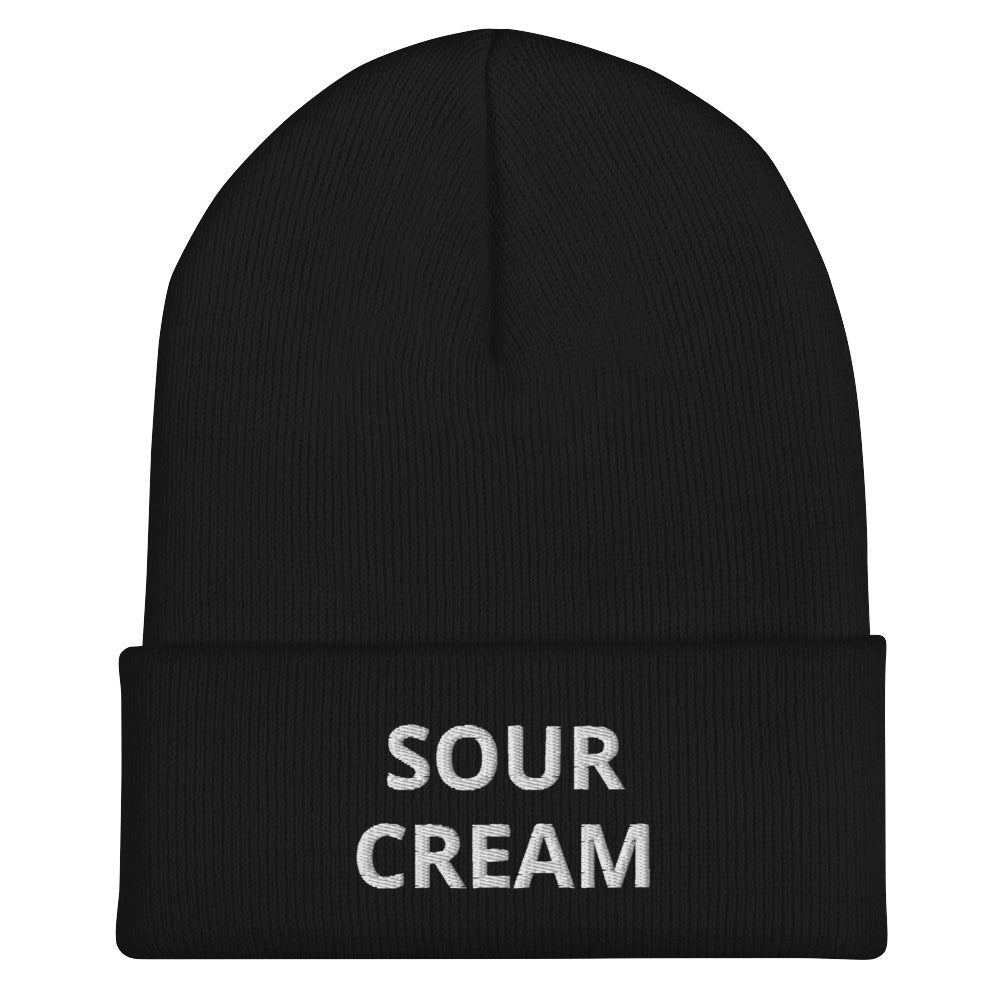 Black Sour Cream Beanie from Nina's Funky Shop by ninanush - Do you love sour cream? Looking for a funny gift for a foodie friend? Our Sour Cream Beanie is warm, cozy and the perfect snug, form fitting beanie for sour cream enthusiasts of all kinds. This funny foodie beanie comes in a variety of colors, each expertly embroidered with the words "Sour Cream". Designed by Nina