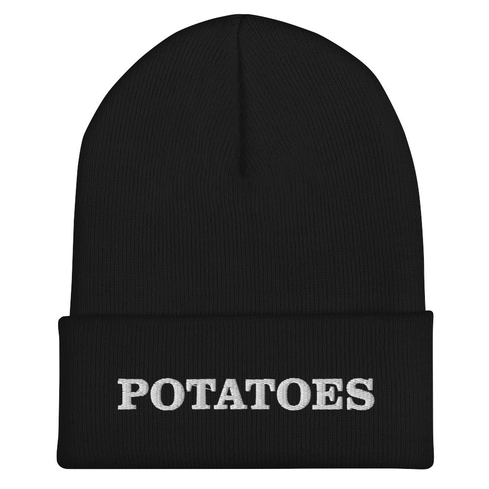 Black Potatoes Beanie from Nina's Funky Shop by ninanush - Love potatoes? Looking for a funny foodie gift? Our Potato Beanie is warm, cozy and the perfect cold weather hat for potato enthusiasts. It comes in a variety of colors, expertly embroidered with "potatoes" across the front. Celebrate your favorite foods in our funky foodie apparel, designed by Nina and made just for you!