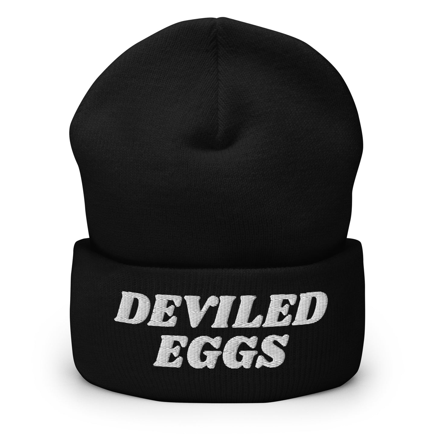 Black Deviled Eggs Beanie - Our Deviled Eggs Beanie is warm, cozy and embroidered just for you! It's a funny beanie for deviled egg enthusiasts that comes in a variety of colors and embroidered just for you. A funny beanie for everyday streetwear or a gift for a foodie.