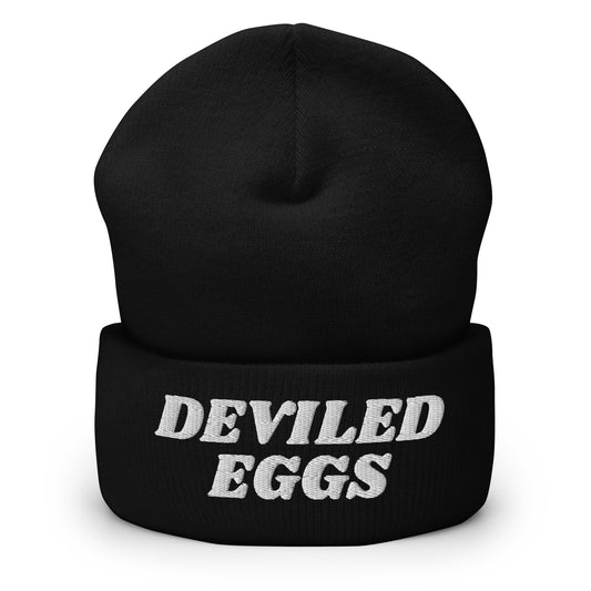 Black Deviled Eggs Beanie - Our Deviled Eggs Beanie is warm, cozy and embroidered just for you! It's a funny beanie for deviled egg enthusiasts that comes in a variety of colors and embroidered just for you. A funny beanie for everyday streetwear or a gift for a foodie.