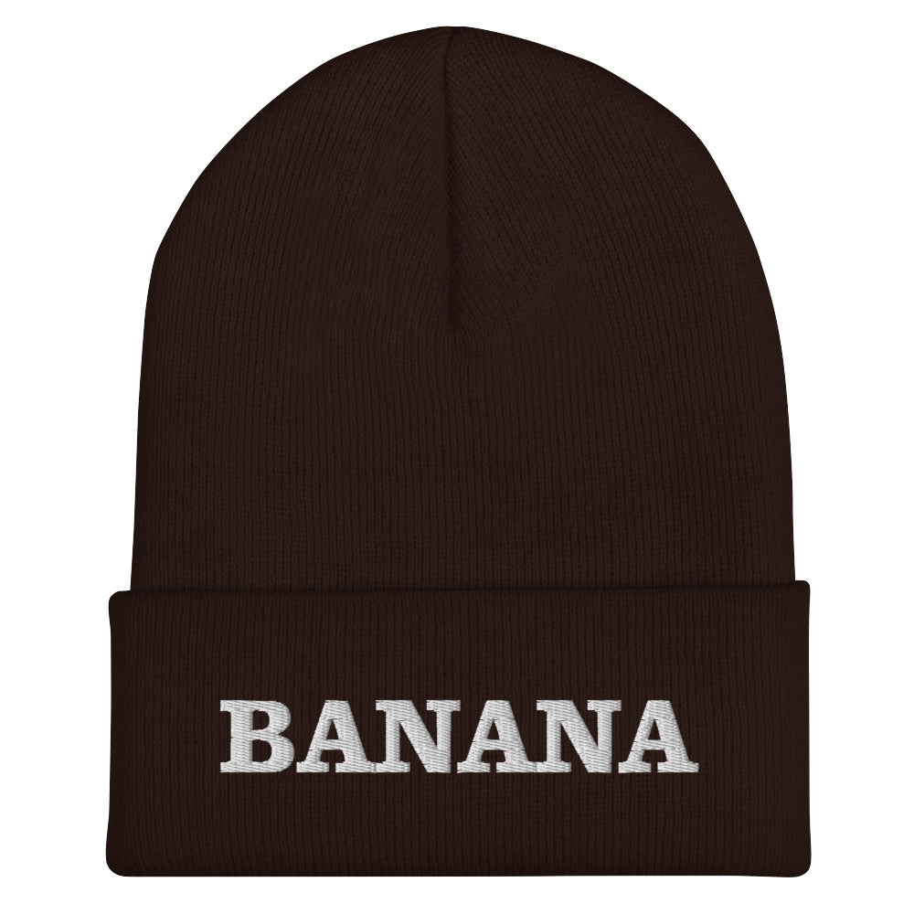 Brown Banana Beanie from Nina's Funky Shop by ninanush - Our Banana Beanie is warm, cozy and made just for you! It comes in a variety of colors, each expertly embroidered with "Banana" across the front. A statement hat for banana enthusiasts and foodies of all kinds. Celebrate your favorite foods in our funky foodie apparel.