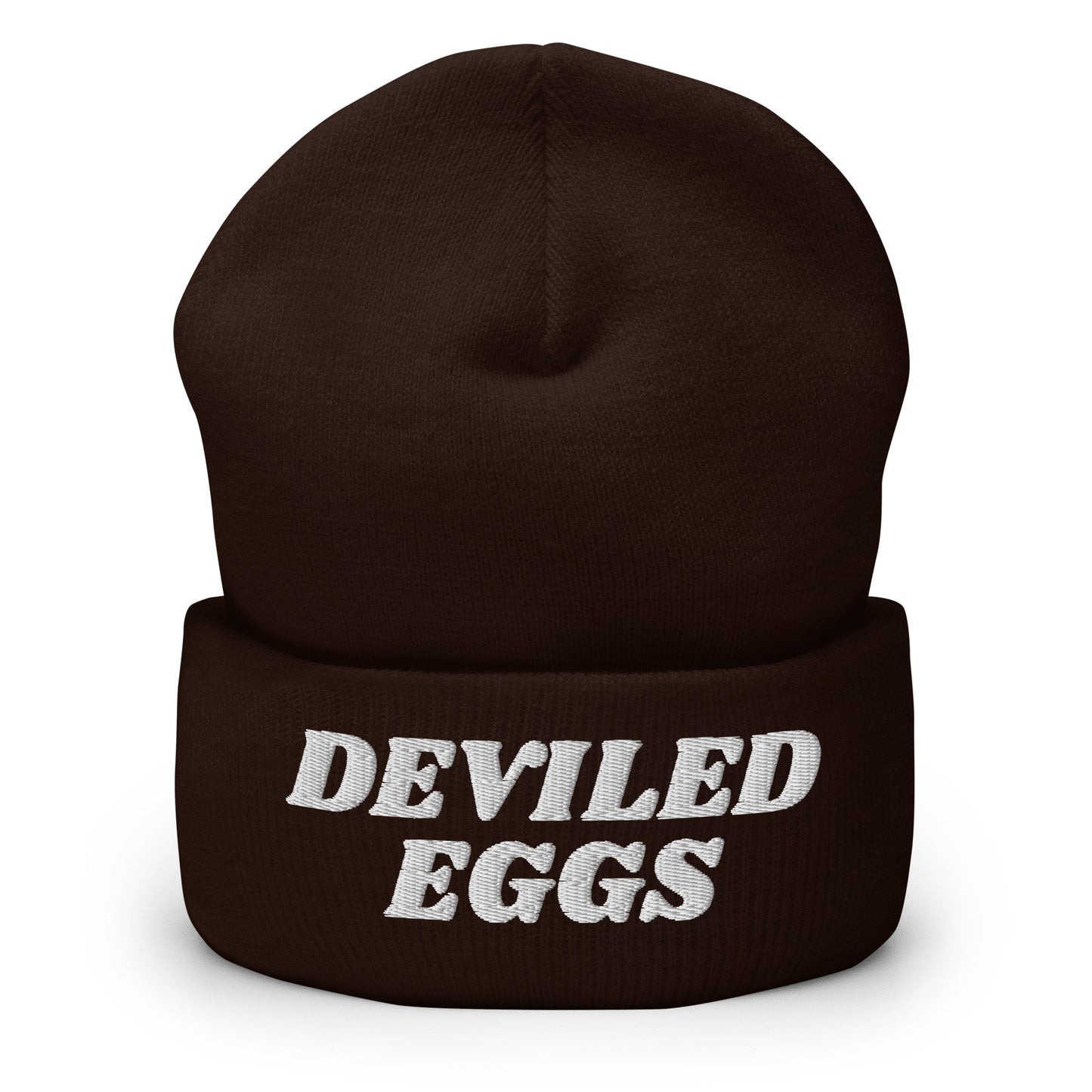 Brown Deviled Eggs Beanie - Our Deviled Eggs Beanie is warm, cozy and embroidered just for you! It's a funny beanie for deviled egg enthusiasts that comes in a variety of colors and embroidered just for you. A funny beanie for everyday streetwear or a gift for a foodie.