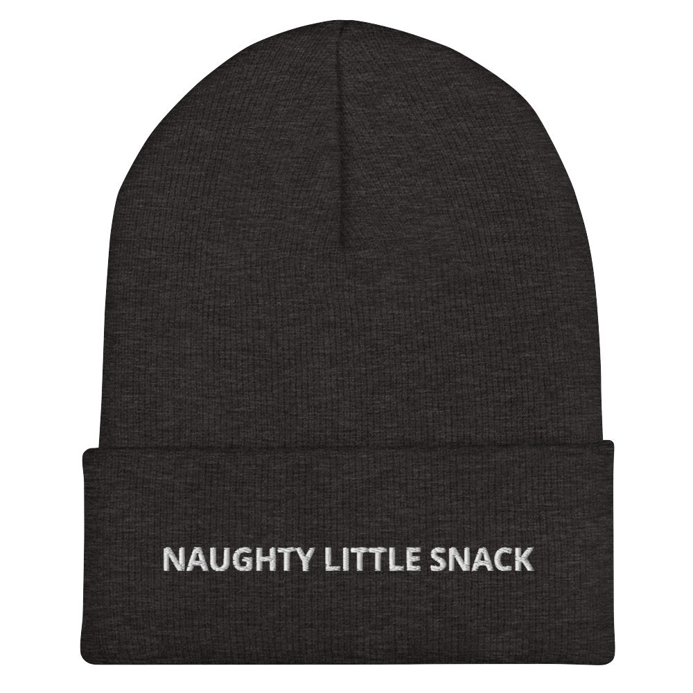 Dark Gray Naughty Little Snack Beanie from Nina's Funky Shop by ninanush - Love naughty little snacks? Looking for a funny gift? Our Naughty Little Snack Beanie is warm, cozy and just what you need. It comes in a variety of colors, each expertly embroidered with the words "Naughty Little Snack". A funny foodie hat, designed by Nina and made just for you! Celebrate your favorite foods in our funky foodie apparel.