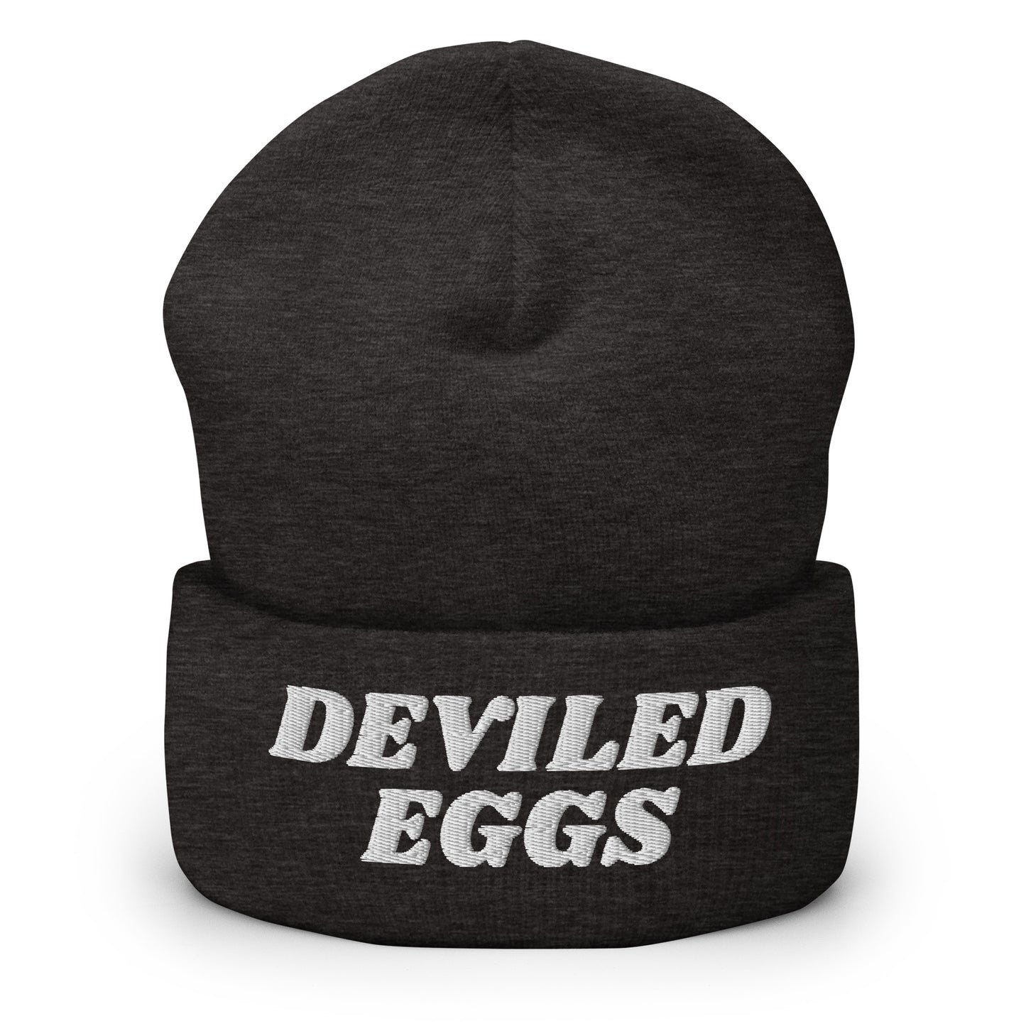 Dark Gray Deviled Eggs Beanie - Our Deviled Eggs Beanie is warm, cozy and embroidered just for you! It's a funny beanie for deviled egg enthusiasts that comes in a variety of colors and embroidered just for you. A funny beanie for everyday streetwear or a gift for a foodie.