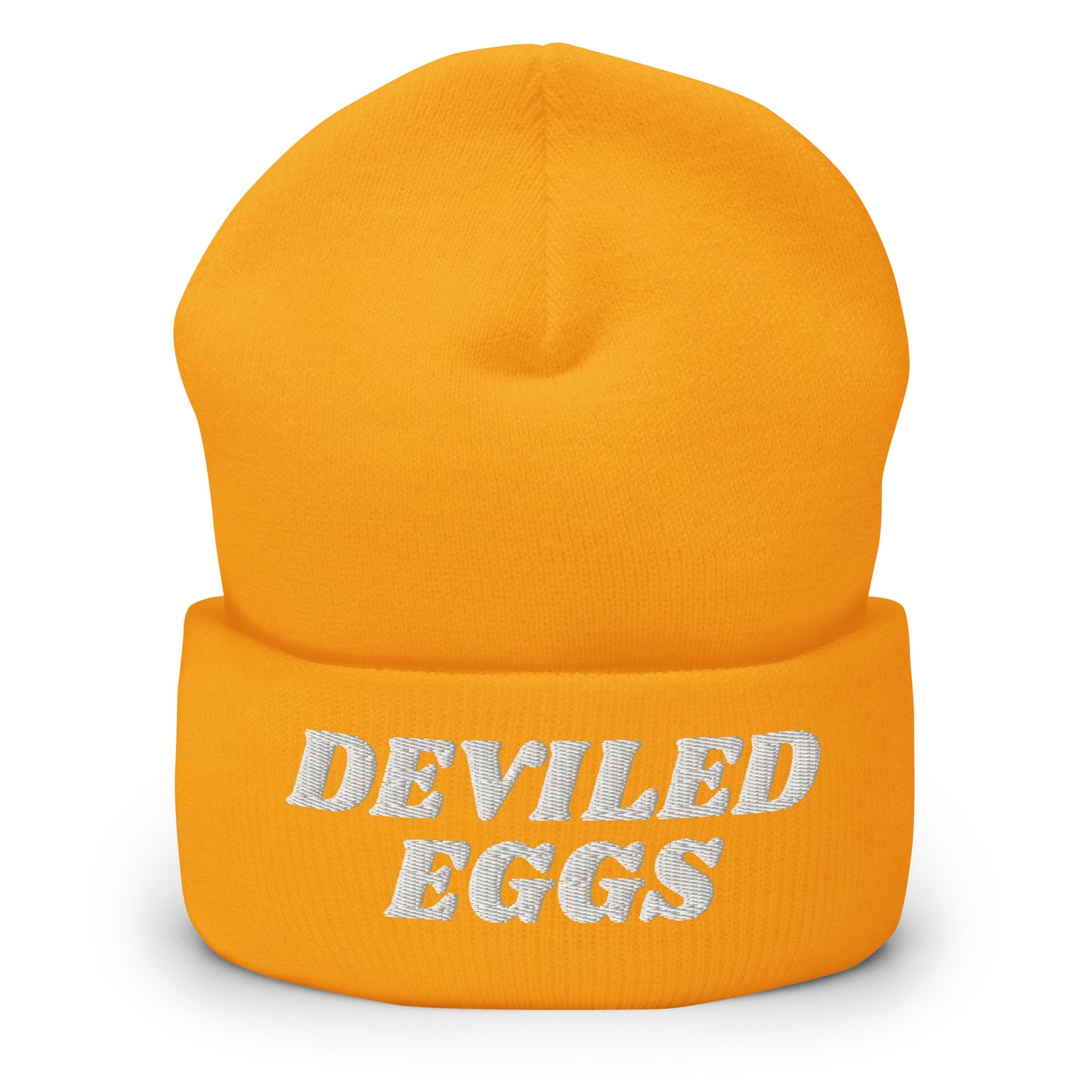 Yellow Deviled Eggs Beanie - Our Deviled Eggs Beanie is warm, cozy and embroidered just for you! It's a funny beanie for deviled egg enthusiasts that comes in a variety of colors and embroidered just for you. A funny beanie for everyday streetwear or a gift for a foodie.