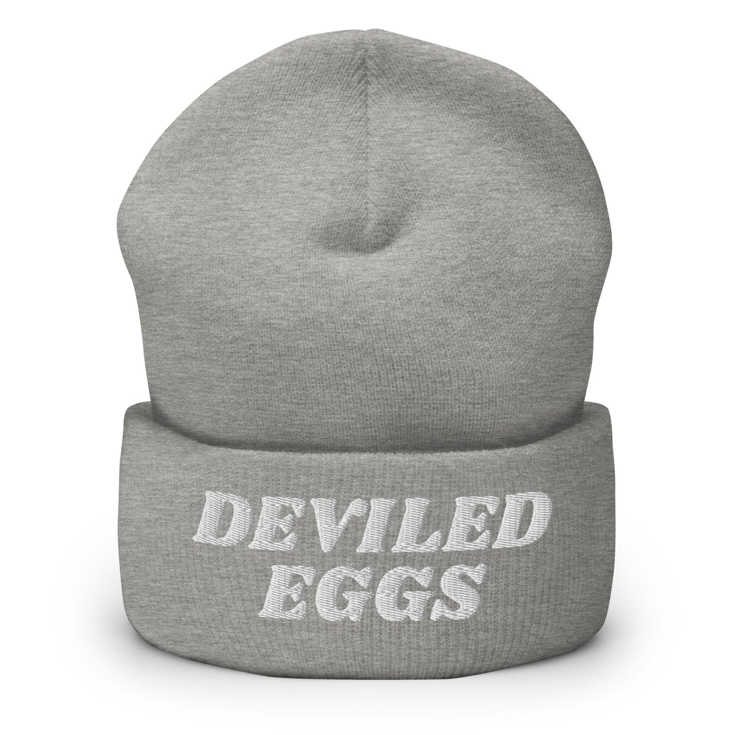 Light Gray Deviled Eggs Beanie - Our Deviled Eggs Beanie is warm, cozy and embroidered just for you! It's a funny beanie for deviled egg enthusiasts that comes in a variety of colors and embroidered just for you. A funny beanie for everyday streetwear or a gift for a foodie.