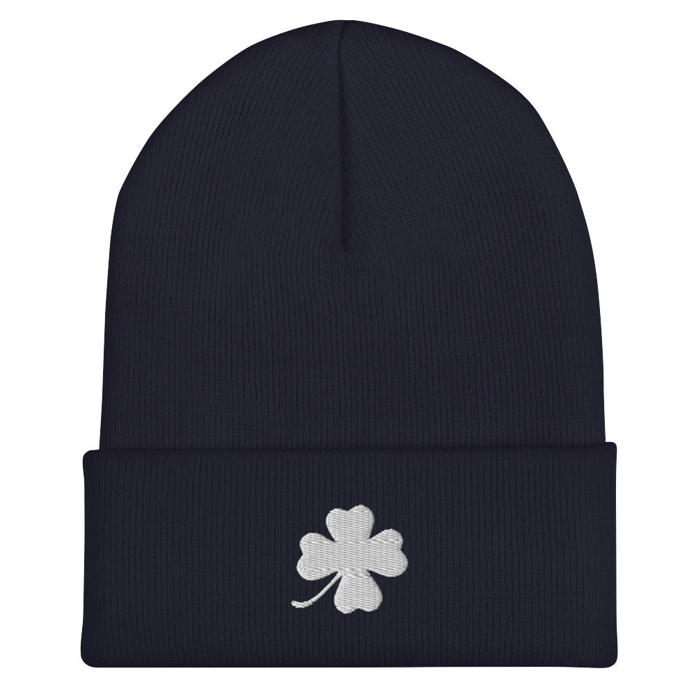 Navy four leaf clover beanie - Looking for the perfect green clover beanie? A lucky gift for a friend? Our Four Leaf Clover Beanie is warm, cozy and made just for you. It comes in a variety of colors with a white four leaf clover, expertly embroidered on the front.