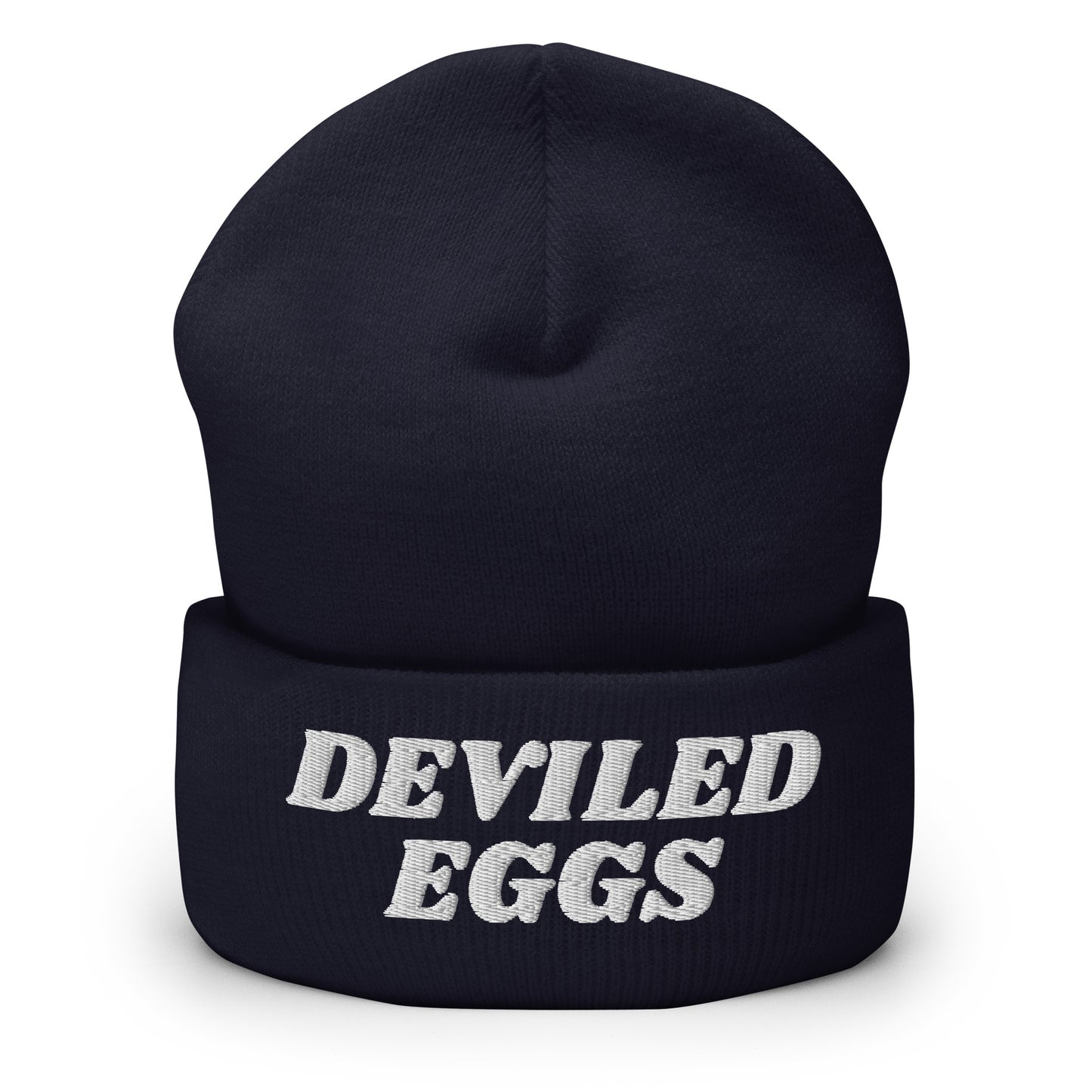 Navy Deviled Eggs Beanie - Our Deviled Eggs Beanie is warm, cozy and embroidered just for you! It's a funny beanie for deviled egg enthusiasts that comes in a variety of colors and embroidered just for you. A funny beanie for everyday streetwear or a gift for a foodie.