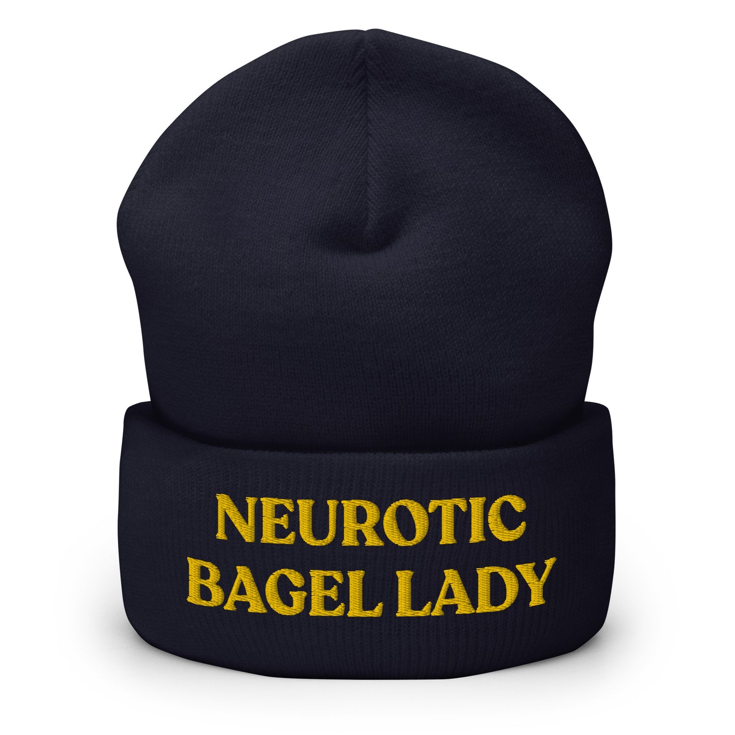 Navy - Are you a little neurotic? A proud bagel enthusiast? Our Neurotic Bagel Lady Beanie is just what you need! It's warm, cozy and a funny winter hat for bagel lovers and foodies of all kinds. Looking for something personalized? A different embroidery color? Shoot us an email!