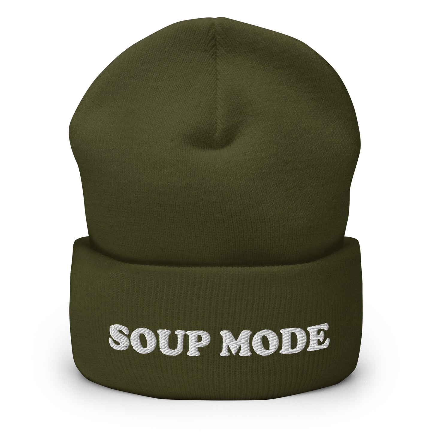 Army Green Soup Mode Hat - It's always soup season in our Soup Mode Beanie! It's warm, cozy and embroidered just for you. A funny winter hat for soup lovers and foodies of all kinds. Eat your favorite soup in style or give it as a gift for a soup enthusiast! Looking for something personalized? A different embroidery color? Shoot us an email!