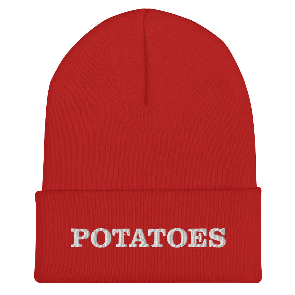 Red Potatoes Beanie from Nina's Funky Shop by ninanush - Love potatoes? Looking for a funny foodie gift? Our Potato Beanie is warm, cozy and the perfect cold weather hat for potato enthusiasts. It comes in a variety of colors, expertly embroidered with "potatoes" across the front. Celebrate your favorite foods in our funky foodie apparel, designed by Nina and made just for you!