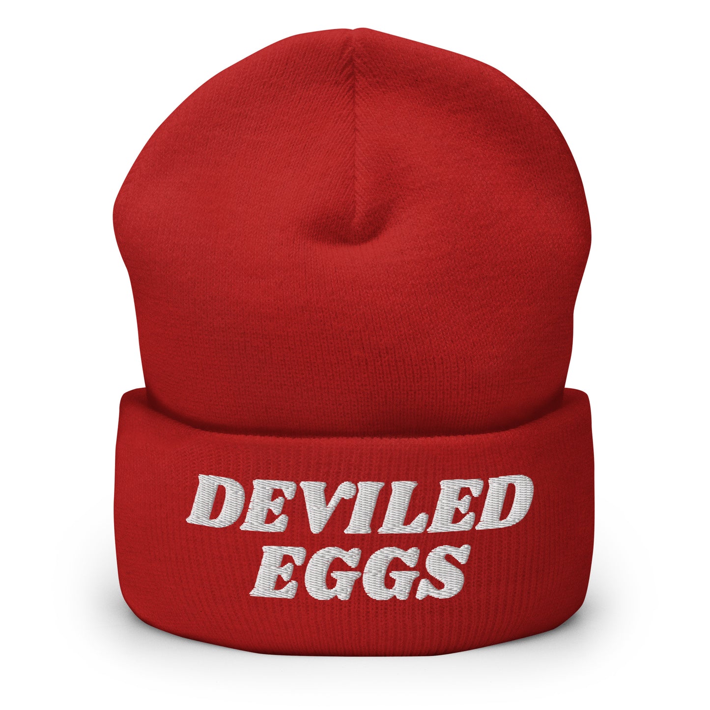 Red Deviled Eggs Beanie - Our Deviled Eggs Beanie is warm, cozy and embroidered just for you! It's a funny beanie for deviled egg enthusiasts that comes in a variety of colors and embroidered just for you. A funny beanie for everyday streetwear or a gift for a foodie.