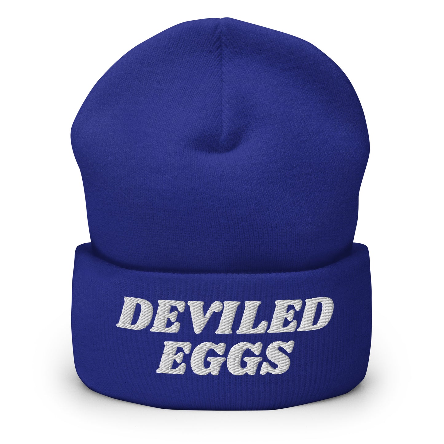 Royal Blue Deviled Eggs Beanie - Our Deviled Eggs Beanie is warm, cozy and embroidered just for you! It's a funny beanie for deviled egg enthusiasts that comes in a variety of colors and embroidered just for you. A funny beanie for everyday streetwear or a gift for a foodie.
