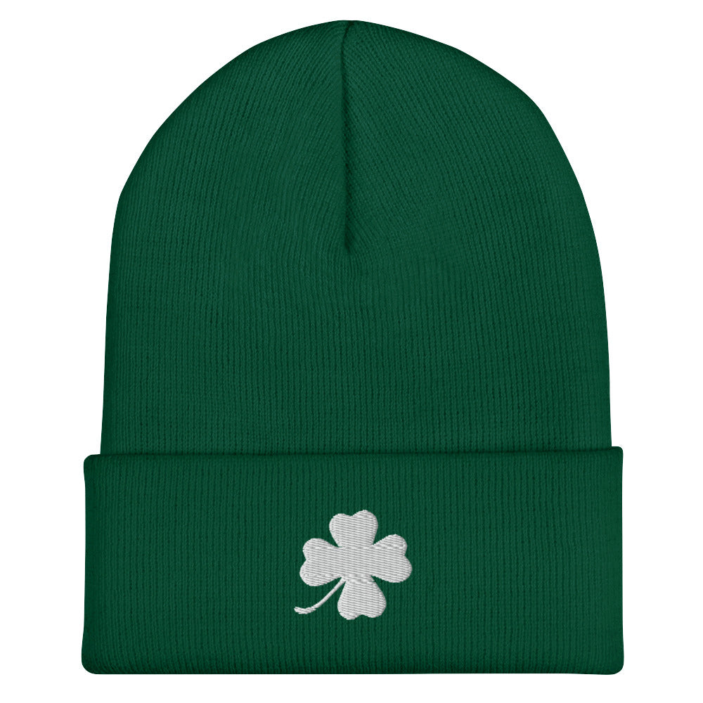 Green and white four leaf clover beanie - Looking for the perfect green clover beanie? A lucky gift for a friend? Our Four Leaf Clover Beanie is warm, cozy and made just for you. It comes in a variety of colors with a white four leaf clover, expertly embroidered on the front.
