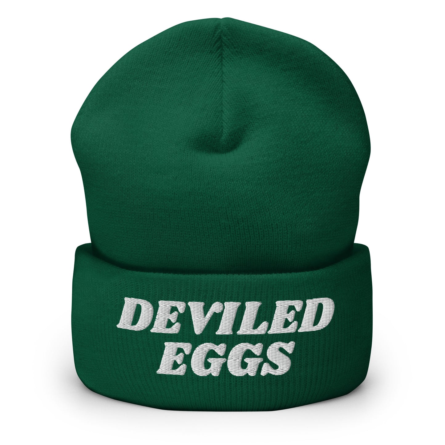 Green Deviled Eggs Beanie - Our Deviled Eggs Beanie is warm, cozy and embroidered just for you! It's a funny beanie for deviled egg enthusiasts that comes in a variety of colors and embroidered just for you. A funny beanie for everyday streetwear or a gift for a foodie.
