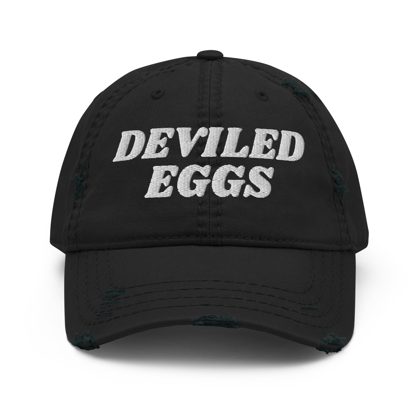 Black Deviled Eggs Hat - Crazy about deviled eggs? Looking for a gift for a deviled egg enthusiast? Our Deviled Eggs Hat is comfortable, adjustable and made just for you. It's a funny dad hat, expertly embroidered and perfect for everyday streetwear.