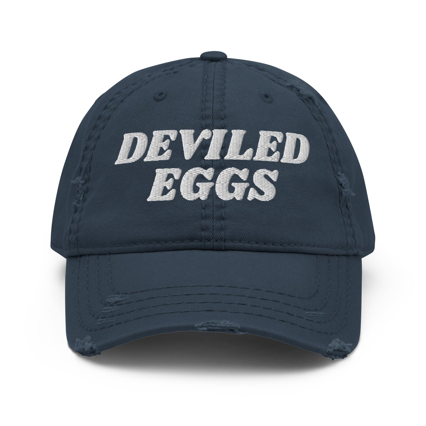 Navy Blue Deviled Eggs Hat - Crazy about deviled eggs? Looking for a gift for a deviled egg enthusiast? Our Deviled Eggs Hat is comfortable, adjustable and made just for you. It's a funny dad hat, expertly embroidered and perfect for everyday streetwear.