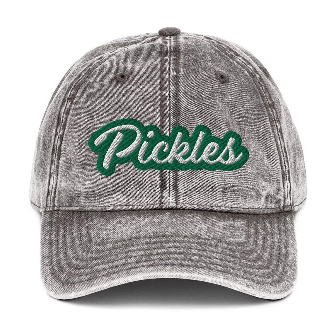 Gray pickles dad hat - The Pickles Dad Hat! A comfortable and unique dad hat for pickle lovers. This vintage-style hat is the perfect statement hat for pickle enthusiasts. If you're a pickle lover or a fan of funny food hats, this weird dad hat is not only is it a stylish choice for everyday wear, but an excellent gift for pickle lovers.