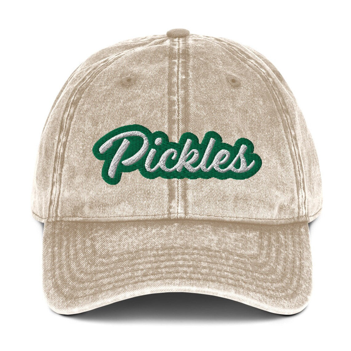Tan washed out dad hat for pickle lovers - The Pickles Dad Hat! A comfortable and unique dad hat for pickle lovers. This vintage-style hat is the perfect statement hat for pickle enthusiasts. If you're a pickle lover or a fan of funny food hats, this weird dad hat is not only is it a stylish choice for everyday wear, but an excellent gift for pickle lovers.