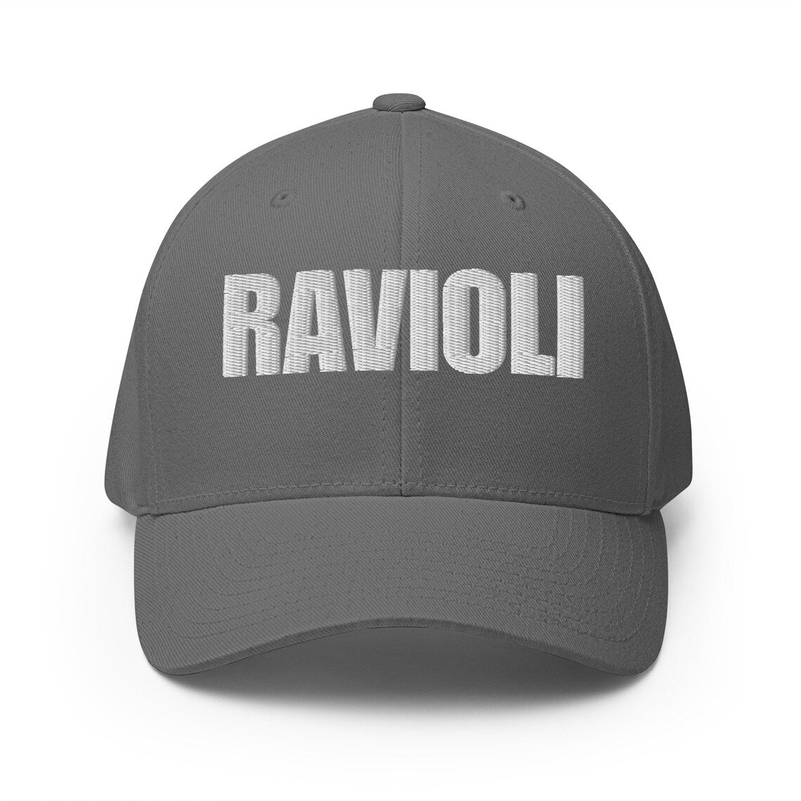 Gray embroidered ravioli hat - This ravioli hat is just what every pasta lover needs. It's a funny foodie hat with a unique embroidered design for ravioli enthusiasts. Eat your favorite ravioli in style and make a statement in this comfortable and unique funny pasta lover hat for foodies. It's also the perfect funny gift for ravioli lovers and foodies of all kinds.