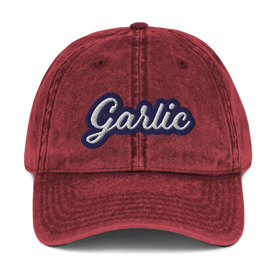 Red funny food dad hat for garlic lovers - Show your love of garlic with this vintage-style garlic dad hat. Perfect for garlic enthusiasts, it's a funny gift for the garlic lover in your life. It's a comfortable and unique foodie hat that's sure to make a statement. If you love garlic, stand out in this funky, embroidered, weird dad hat made just for you.