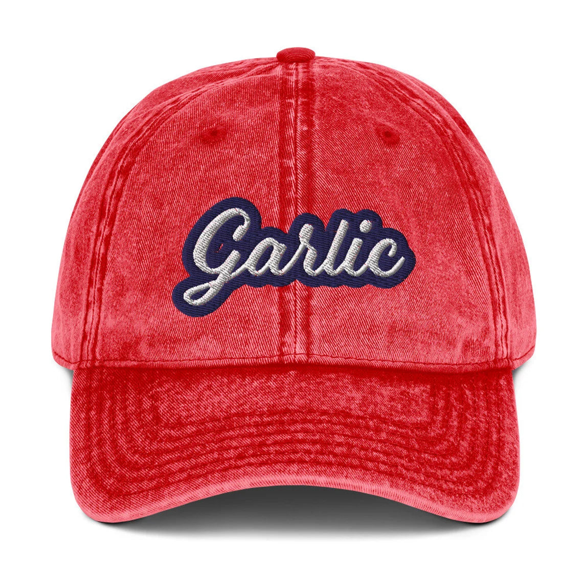 Red garlic dad hat - Show your love of garlic with this vintage-style garlic dad hat. Perfect for garlic enthusiasts, it's a funny gift for the garlic lover in your life. It's a comfortable and unique foodie hat that's sure to make a statement. If you love garlic, stand out in this funky, embroidered, weird dad hat made just for you.