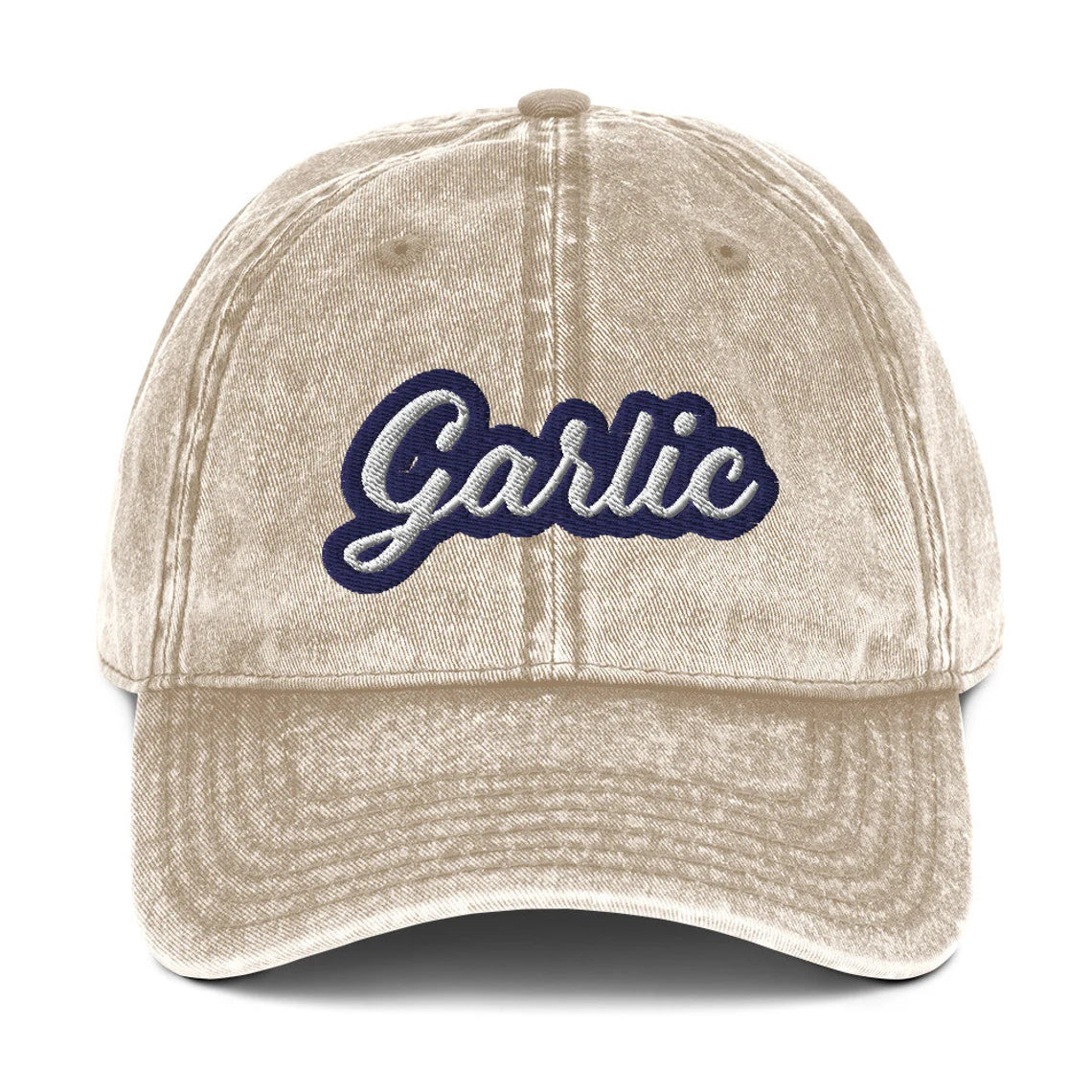 Tan, embroidered garlic hat - Show your love of garlic with this vintage-style garlic dad hat. Perfect for garlic enthusiasts, it's a funny gift for the garlic lover in your life. It's a comfortable and unique foodie hat that's sure to make a statement. If you love garlic, stand out in this funky, embroidered, weird dad hat made just for you.