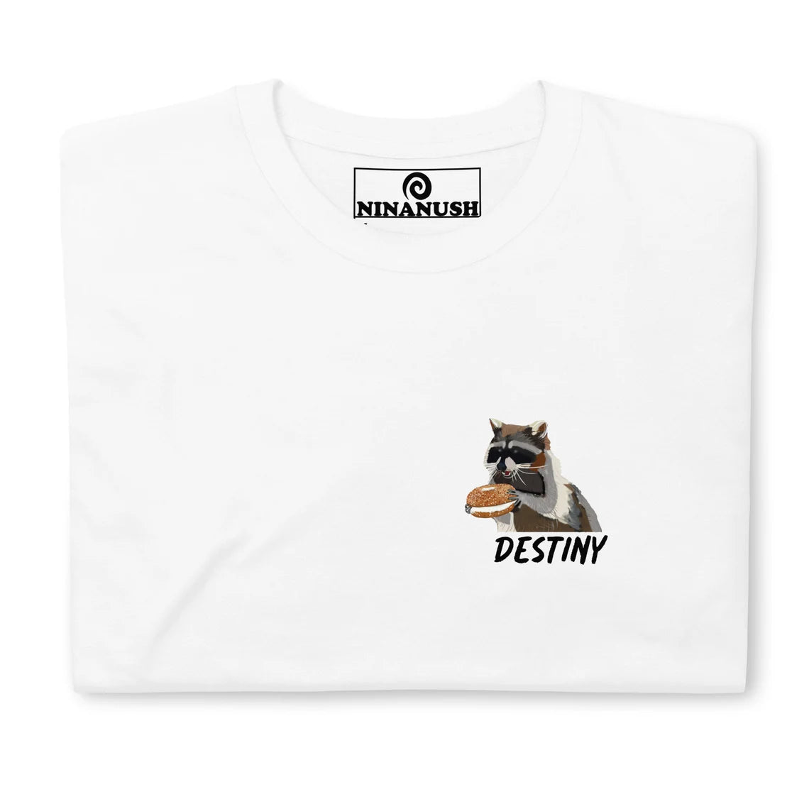 White raccoon bagel t-shirt - A raccoon eating a bagel t-shirt that's comfortable with a totally original design. It's a unique graphic tee for raccoon enthusiasts and bagel lover's alike. Destiny calls...eat your next bagel in style in a funky t-shirt made just for you. Or give it as a funny and unique gift for bagel addicts and raccoon lovers.