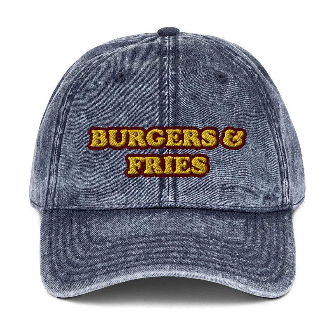 Funny blue dad hat for foodies and burger connoisseur - The burgers & fries dad hat for burger lovers and foodies. It's a funny food hat to show off your love of veggies burgers, burgers of all kinds and the perfect gift for fast food enthusiasts. Wear it as a unique statement hat for everyday street wear or give it as a funny gift for foodies or your favorite burger lover.