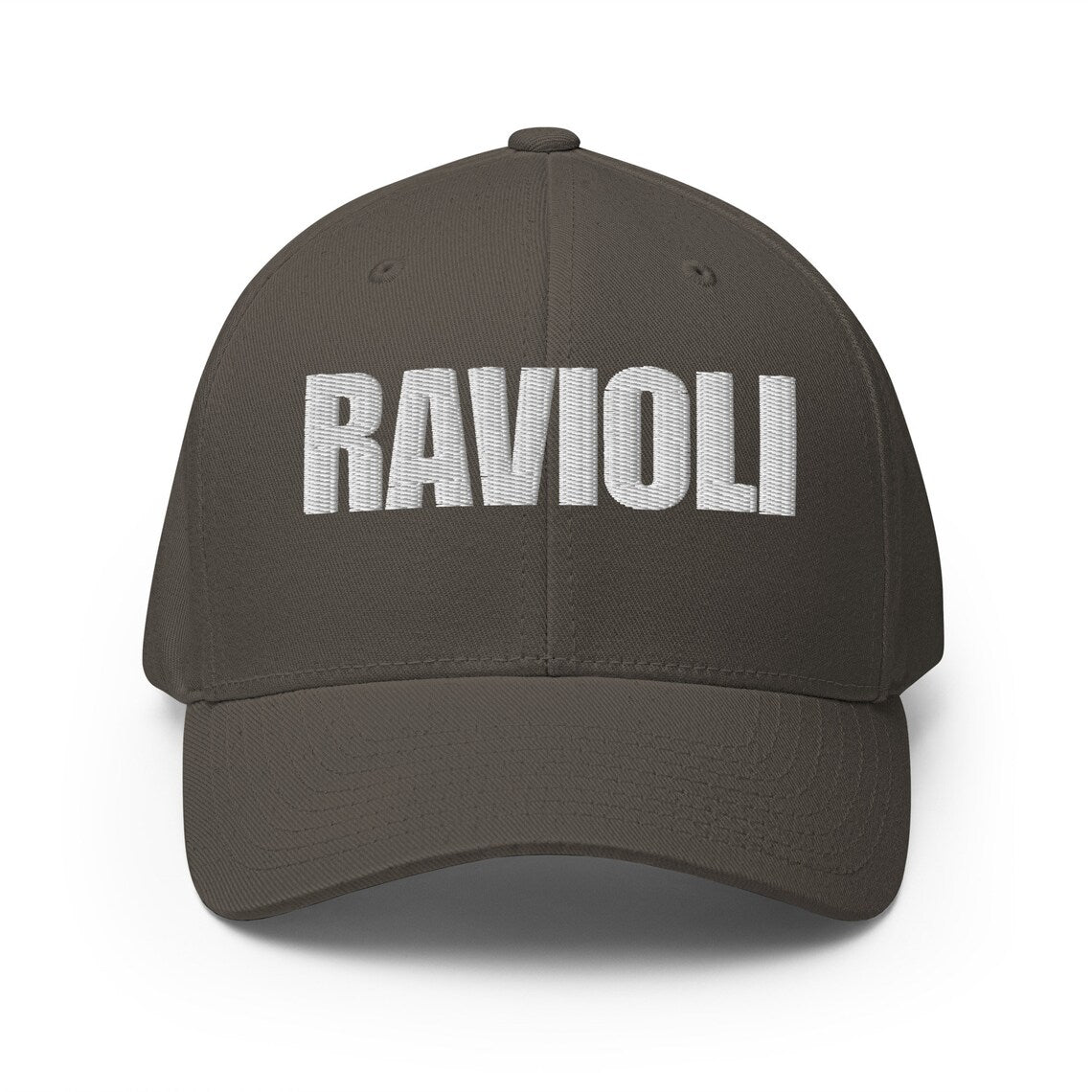 Gray hat for pasta enthusiasts - This ravioli hat is just what every pasta lover needs. It's a funny foodie hat with a unique embroidered design for ravioli enthusiasts. Eat your favorite ravioli in style and make a statement in this comfortable and unique funny pasta lover hat for foodies. It's also the perfect funny gift for ravioli lovers and foodies of all kinds.