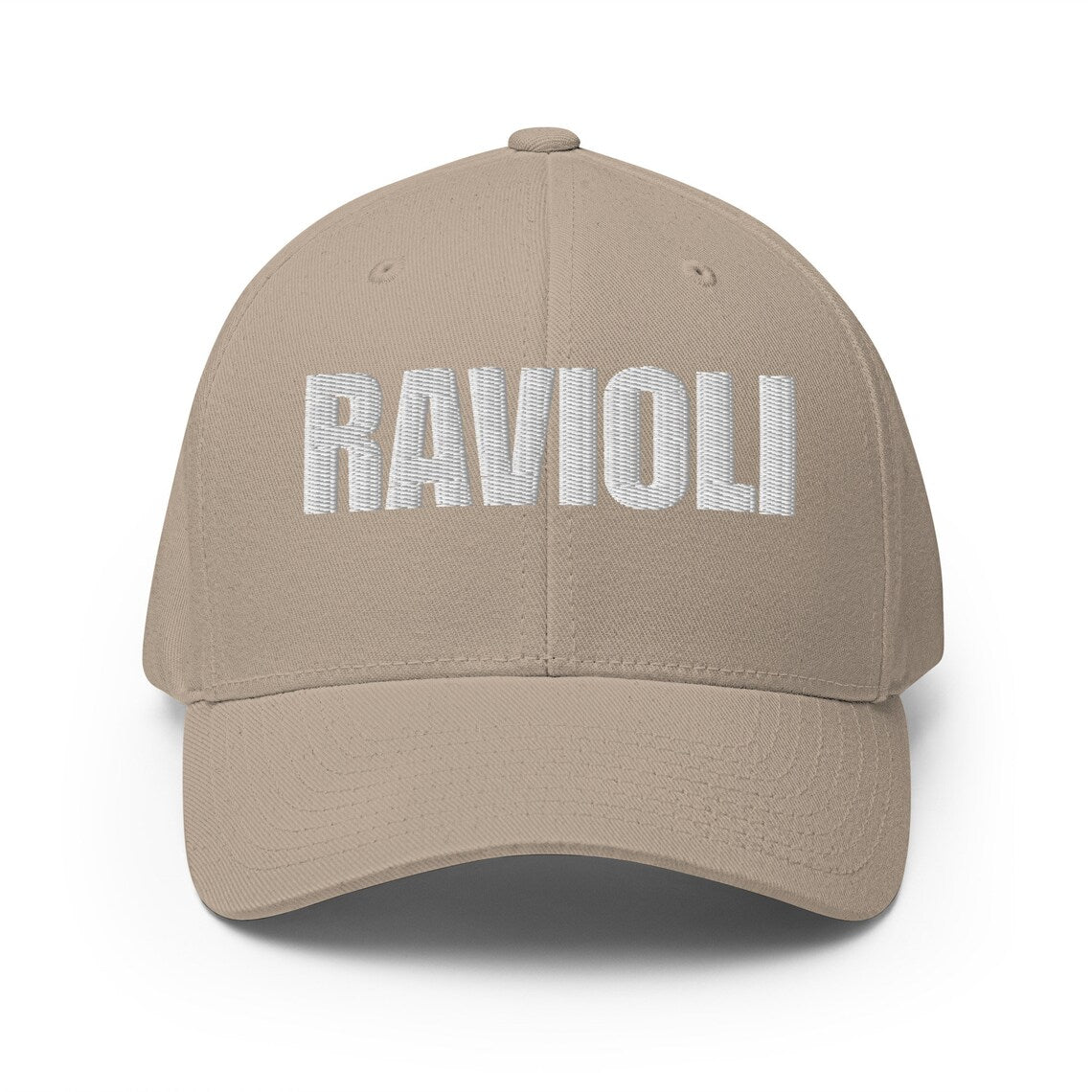 Tan embroidered ravioli hat - This ravioli hat is just what every pasta lover needs. It's a funny foodie hat with a unique embroidered design for ravioli enthusiasts. Eat your favorite ravioli in style and make a statement in this comfortable and unique funny pasta lover hat for foodies. It's also the perfect funny gift for ravioli lovers and foodies of all kinds.