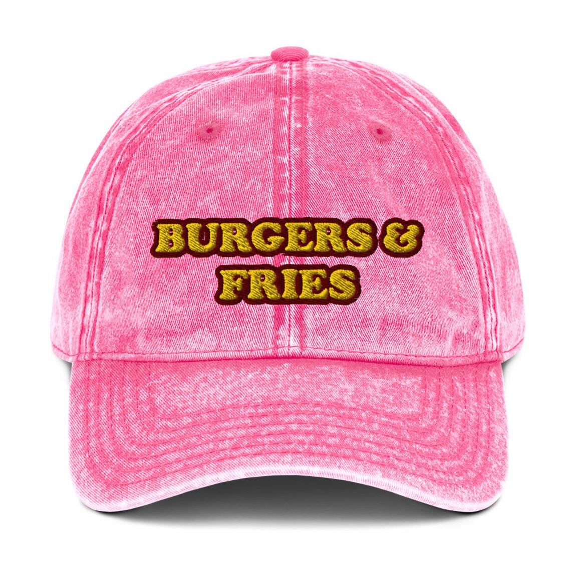 Pink dad hat for burger lovers - The burgers & fries dad hat for burger lovers and foodies. It's a funny food hat to show off your love of veggies burgers, burgers of all kinds and the perfect gift for fast food enthusiasts. Wear it as a unique statement hat for everyday street wear or give it as a funny gift for foodies or your favorite burger lover.