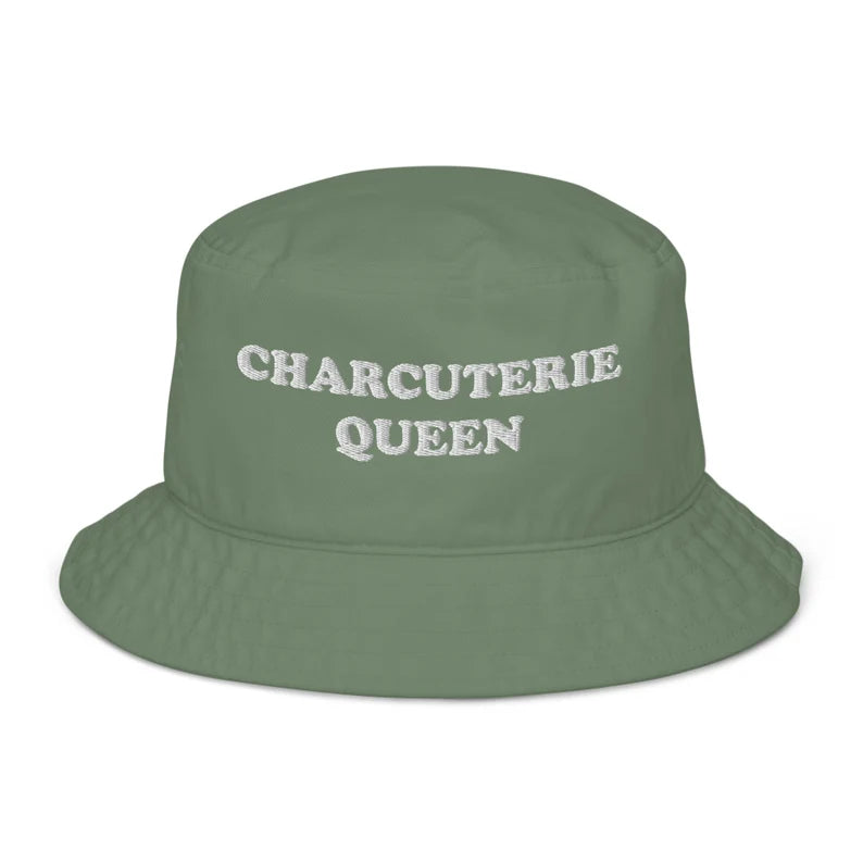 Funny green beach hat - An embroidered charcuterie bucket hat for foodies and charcuterie enthusiasts. It's a unique bucket hat that's organic cotton, funny, comfortable and made just for you. Make a statement white you build your perfect charcuterie board or give it as an eco friendly funny gift for charcuterie lovers and queens.