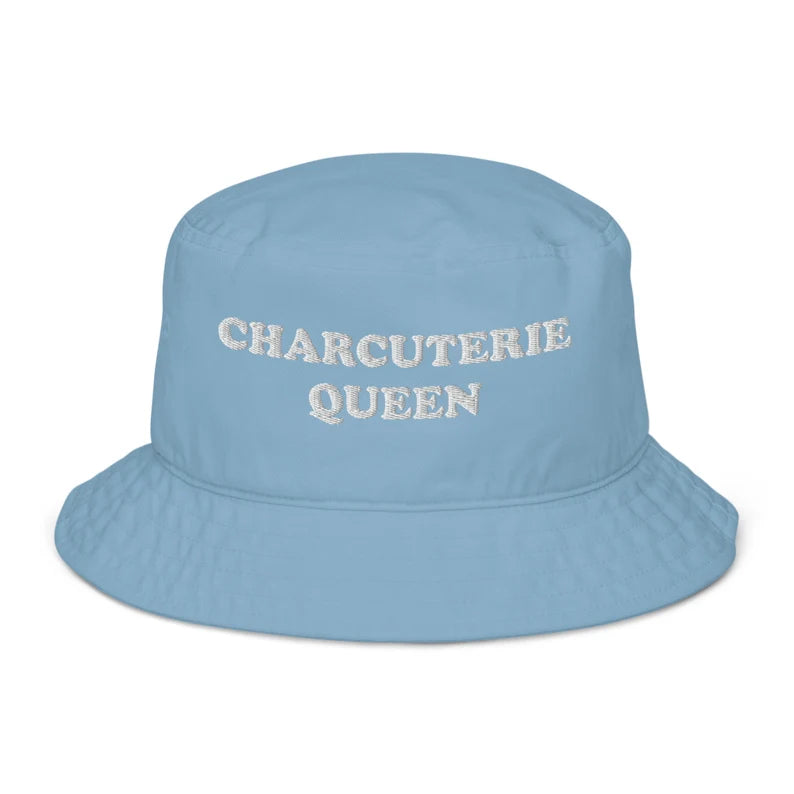 Blue beach hat with white embroidery - An embroidered charcuterie bucket hat for foodies and charcuterie enthusiasts. It's a unique bucket hat that's organic cotton, funny, comfortable and made just for you. Make a statement white you build your perfect charcuterie board or give it as an eco friendly funny gift for charcuterie lovers and queens.